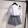 Striped Patchwork Off Shoulder Top Korean Blouse and Denim Shorts Set #JU2989