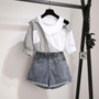 Striped Patchwork Off Shoulder Top Korean Blouse and Denim Shorts Set #JU2989