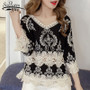 Women hollow lace flare sleeve blouse shirt