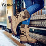 Women snow Boots Fashion Knitting Warm Autumn winter Mid-Calf Boots  Lace-up Boots Low Heels Comfortable Shoes woman