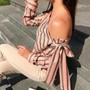 Fashion Women Casual Loose Long Sleeve Shirt Tops Striped  Off Shoulder Blouse Bowknot Blouses