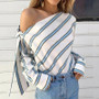Fashion Women Casual Loose Long Sleeve Shirt Tops Striped  Off Shoulder Blouse Bowknot Blouses