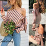 Fashion Women Casual Loose Long Sleeve Shirt Tops Striped  Off Shoulder Blouse Bowknot Blouses