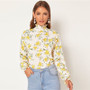 White Floral Shirred Frill Neck Keyhole Back Blouse