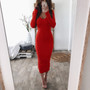 Bodycon Sheath Knitted Long Sleeve V-Neck Midi Dress