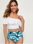 Printed High Waist Ruffle Off Shoulder Bikini Two Piece Swimsuit