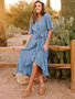 Ruffled V Neck Short Sleeve Button Belted Dress