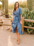 Ruffled V Neck Short Sleeve Button Belted Dress