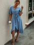 Ruffled V Neck Short Sleeve Button Belted Dress