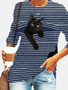 Black Cat Print Long Sleeve O-neck White Striped Plus Size T-shirt
