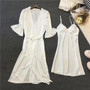 Navy Blue Spring Sexy Robe Kimono Sleepwear Sets Womens 2 Pieces Strap Top Suit Casual Home Wear Pajamas Nightwear Bath Gown