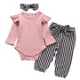 3Pcs Newborn Baby Girl Clothes Set Fashion Autumn Long Sleeve Solid Color Romper Tops Pants Headband Infant Clothing Outfits