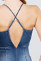 Plunging V-neck Cami W/back Cross Strap Mini Denim Dress