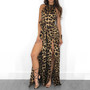 Sexy Leopard Print Shoulder Halter Split Jumpsuits