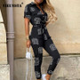 Elegant Letter Print Jumpsuit Deep V Neck