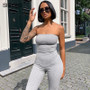 Ribbed Off Shoulder Sexy Jumpsuit Strapless Drawstring