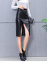 Midi PU Leather Black High Waist Asymmetrical Sexy Slit Pencil Skirt