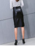 Midi PU Leather Black High Waist Asymmetrical Sexy Slit Pencil Skirt