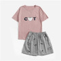 Round Neck Print Cartoon Top And Bow Front Shorts Pajama Set