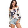 Tropical Print Bardot Trumpet Sleeve Shirt Women Off Shoulder Sexy Top