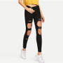 Black Ripped Skinny Denim Button Fly Mid Waist Jean