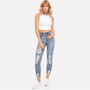 Ripped Bleach Wash Mid Waist Solid Skinny Jeans