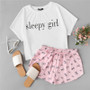 Graphic Letter Print Top & Drawstring Shorts Pajama Set