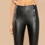 Black Zipper Detail Faux Leather Women Casual Pants