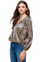 Leopard Printed Surplice Long Sleeve Blouse