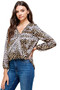 Leopard Printed Surplice Long Sleeve Blouse