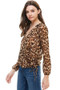 Leopard Print Smocked Neck And Waist Long Sleeve Blouse