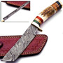 10'' Handmade Damascus Steel Hunting knife Handle Deer Antler w leather Sheath