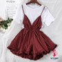 Women's Solid Color Simple T-shirt + Suspender Wide Leg Shorts Two-piece Female Shorts Set