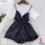 Women's Solid Color Simple T-shirt + Suspender Wide Leg Shorts Two-piece Female Shorts Set