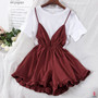 Women's Solid Color Simple T-shirt + Suspender Wide Leg Shorts Two-piece Female Shorts Set