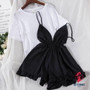 Women's Solid Color Simple T-shirt + Suspender Wide Leg Shorts Two-piece Female Shorts Set