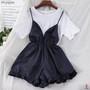 Women's Solid Color Simple T-shirt + Suspender Wide Leg Shorts Two-piece Female Shorts Set