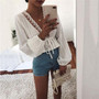 Crop Tops Striped Blouse Lace Deep V Neck Long Lantern Sleeve