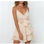 Beige Ruffle Beach Sexy V Neck Backless Mini Party Dress With Belt