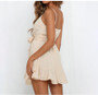 Beige Ruffle Beach Sexy V Neck Backless Mini Party Dress With Belt