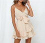 Beige Ruffle Beach Sexy V Neck Backless Mini Party Dress With Belt