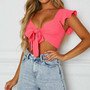 V- Neck Long Flare Sleeve T-Shirt Crop Tops Solid