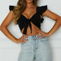 V- Neck Long Flare Sleeve T-Shirt Crop Tops Solid