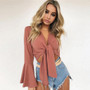 V- Neck Long Flare Sleeve T-Shirt Crop Tops Solid