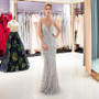 2019 V Neckline Feather Luxury Grey Evening Dress Beaded Evening Gown New Arrival