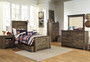 Cremona Brown Casual Bedroom Set: Twin Panel Bed with Underbed Storage, Dresser, Mirror, Nightstand, Chest