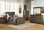 Cremona Brown Casual Bedroom Set: Twin Bookcase Bed with Underbed Storage, Dresser, Mirror, 2 Nightstands, Chest