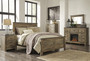 Cremona Brown Casual Bedroom Set: Queen Panel Bed, Dresser with Doors, with Fireplace  Mirror, 2 Nightstands, Chest
