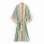 Boho Coat Kimono Print Sashes Open Stitch Batwing Sleeve Long Bohemian Tops