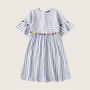 Boho Cute Blue Colorful Pompom Detail Striped Smock  Dress